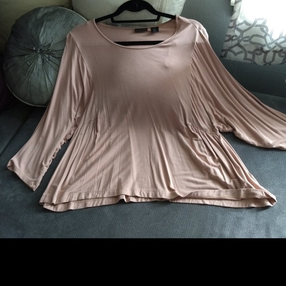 Tahari Blush Silky, Pleated Blouse, Bell Sleeves. Size L